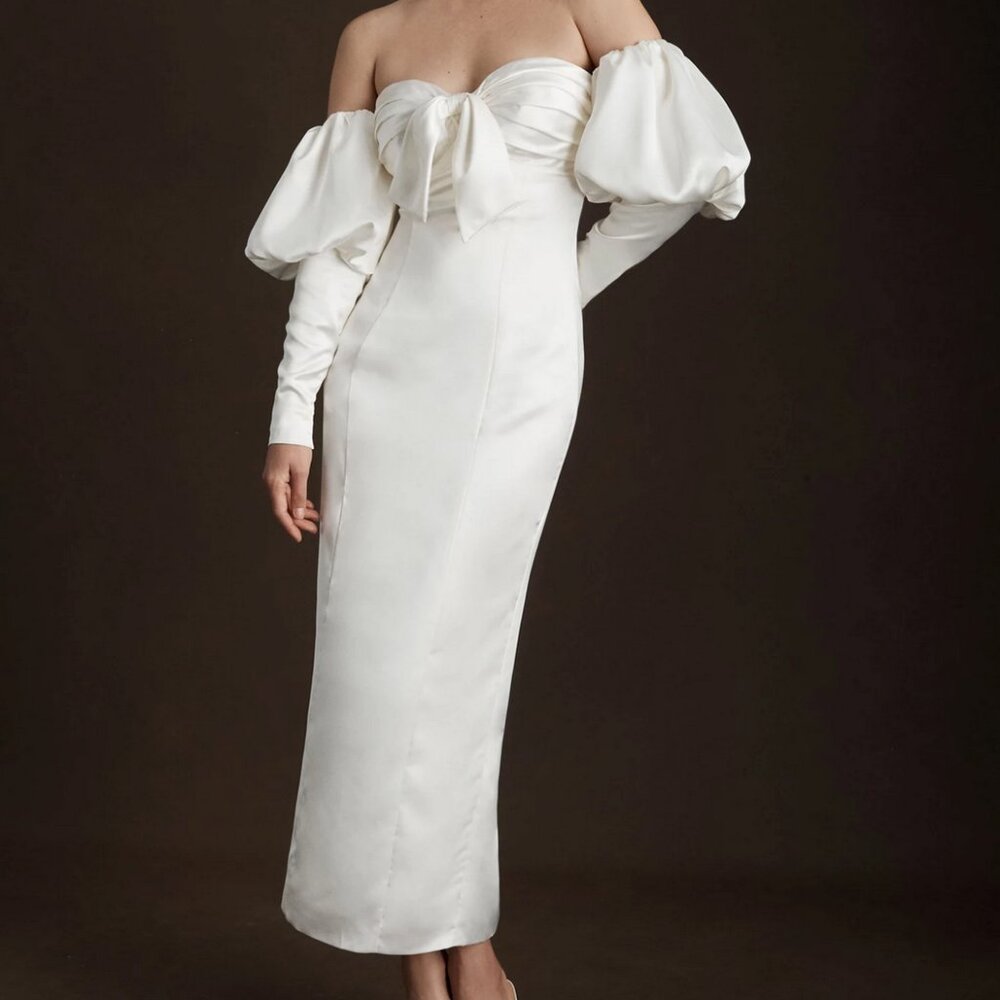 NWT Ronny Kobo Amanda Off-Shoulder Puff-Sleeve Ivory Midi Bridal Dress